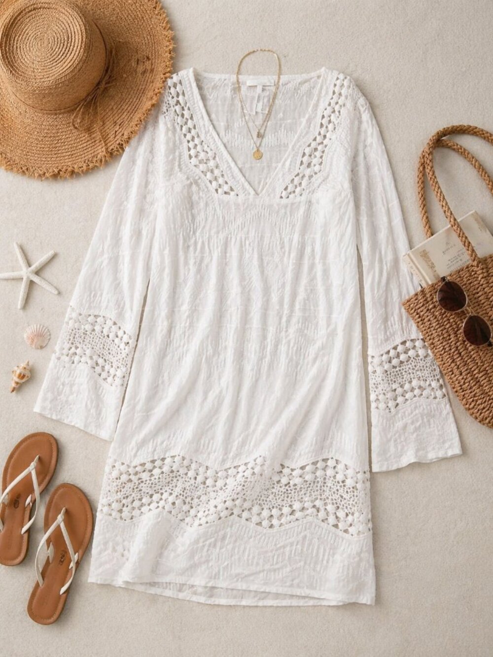 La Blanca White Embroidered Tunic Cover Up Boho Beach Dress Swim Coverup Size S